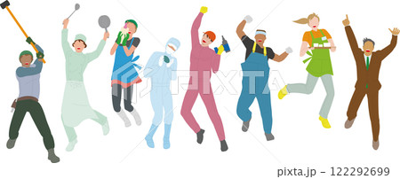 元気、パワーのある多種多様の職業の全身の男女のイメージイラスト 122292699