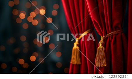 Red curtains with golden tassels frame a sparkling background in a theater setting. Generative AI Red curtains with golden tassels frame a sparkling background in a theater setting. Generative AI 122292834