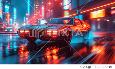 Classic car parked on neon-lit street during rainy night in city. Generative AI 122292846