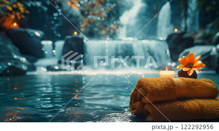 Relaxing spa setting with soft towels and flowers near a tranquil waterfall. Generative AI 122292956
