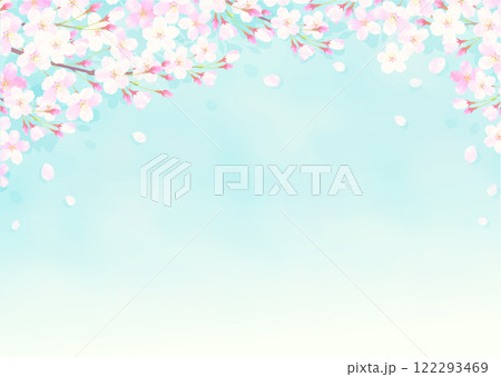 桜と青空の爽やかな背景イラスト 桜吹雪 122293469