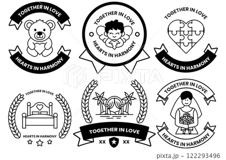 set of illustrations in the concept of Love and Valentines in line drawing style 122293496