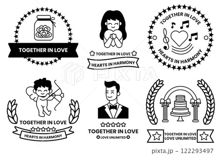 set of illustrations in the concept of Love and Valentines in line drawing style 122293497