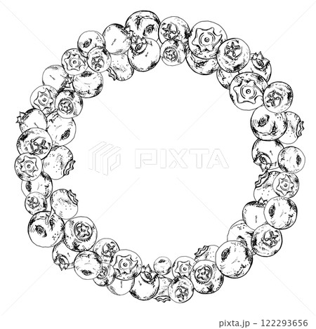 Blueberry blackberry, hand drawn in ink vector, group of scattered ripe forest berry with drops, blue and sketch. Wreath frame isolated illustration, for restaurant, cafe menu, wedding, farmers market 122293656