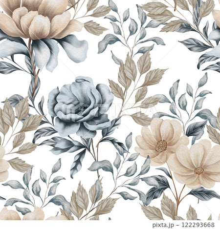 Watercolor floral seamless pattern with dried leaves, blue and beige blush flowers, leaf branches. Wedding invitations, backgrounds, wallpapers, fashion, prints, fabric 122293668