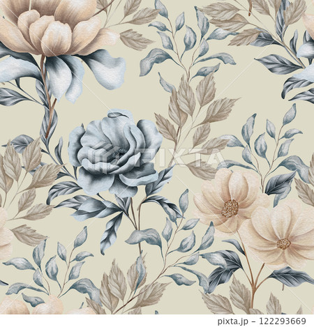Watercolor floral seamless pattern with dried leaves, blue and beige blush flowers, leaf branches. Wedding invitations, backgrounds, wallpapers, fashion, prints, fabric Watercolor floral seamless pattern with dried leaves, blue and beige blush flowers, leaf branches. Wedding invitations, backgrounds, wallpapers, fashion, prints, fabric 122293669