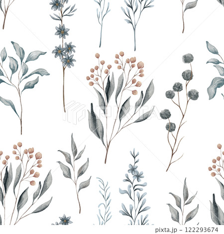 Watercolor floral seamless pattern with dried leaves, blue and beige blush flowers, leaf branches. Wedding invitations, backgrounds, wallpapers, fashion, prints, fabric Watercolor floral seamless pattern with dried leaves, blue and beige blush flowers, leaf branches. Wedding invitations, backgrounds, wallpapers, fashion, prints, fabric 122293674