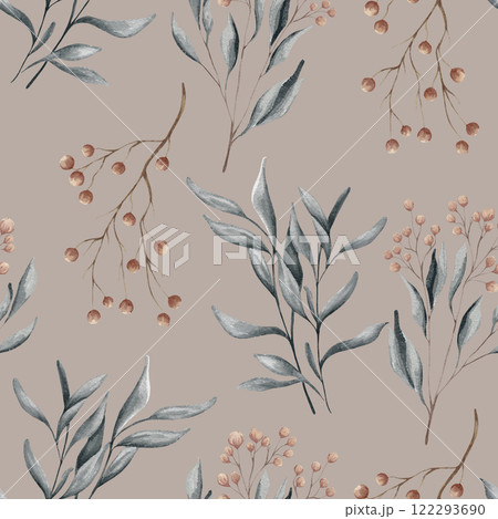 Watercolor floral seamless pattern with dried leaves, blue and beige blush flowers, leaf branches. Wedding invitations, backgrounds, wallpapers, fashion, prints, fabric Watercolor floral seamless pattern with dried leaves, blue and beige blush flowers, leaf branches. Wedding invitations, backgrounds, wallpapers, fashion, prints, fabric 122293690