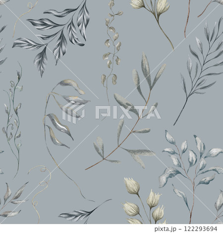 Watercolor floral seamless pattern with dried leaves, blue and beige blush flowers, leaf branches. Wedding invitations, backgrounds, wallpapers, fashion, prints, fabric Watercolor floral seamless pattern with dried leaves, blue and beige blush flowers, leaf branches. Wedding invitations, backgrounds, wallpapers, fashion, prints, fabric 122293694