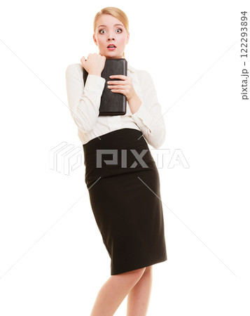 Afraid businesswoman shy woman. Stress in work. 122293894
