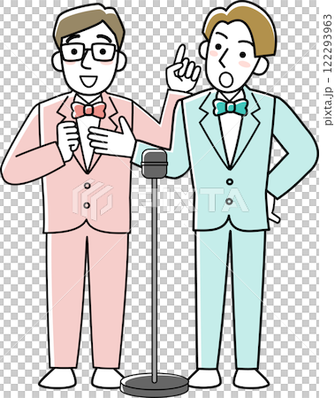 マイクの前でしゃべる男性漫才コンビ マイクの前でしゃべる男性漫才コンビ 122293963