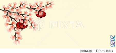Chinese Lanterns with Peach Blossoms and Festive Ornaments for Spring 122294003