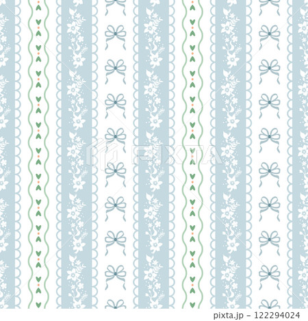 Soft blue striped grandmillennial seamless pattern. Vector gentle cottagecore floral vertical stripe, preppy wallpaper 122294024