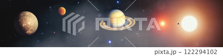 Solar System Featuring Multiple Planets, Saturn's Rings, and Radiant Suns in a Starry Universe. Elements of this image furnished by NASA. Solar System Featuring Multiple Planets, Saturn's Rings, and Radiant Suns in a Starry Universe. Elements of this image furnished by NASA. 122294102