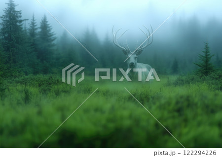 translucent white deer in the meadow in the mist, forest spirit 122294226