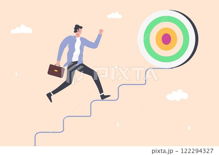 representing progress and success. The design shows a businessman climbing stairs or a ladder, 122294327