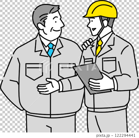 作業員の新入社員と上司が打ち合わせをする 122294441