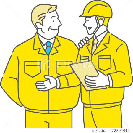作業員の新入社員と上司が打ち合わせをする 作業員の新入社員と上司が打ち合わせをする 122294442