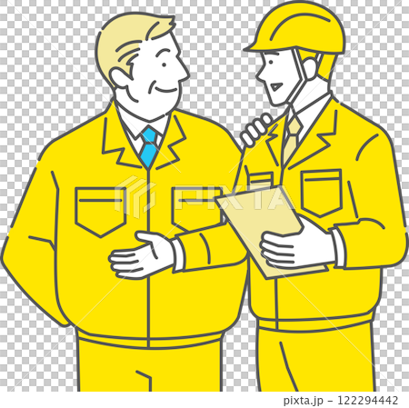 作業員の新入社員と上司が打ち合わせをする 作業員の新入社員と上司が打ち合わせをする 122294442