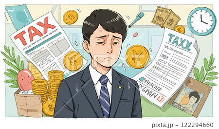 増税に苦しむビジネスマンのイラスト 122294660