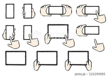 筆タッチのスマートフォンとタブレットと手のイラストセット 122294895
