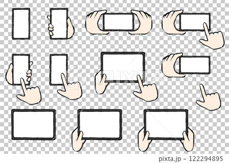 筆タッチのスマートフォンとタブレットと手のイラストセット 122294895
