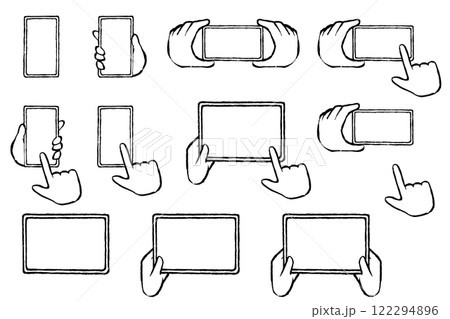 筆タッチのスマートフォンとタブレットと手のイラストセット 122294896