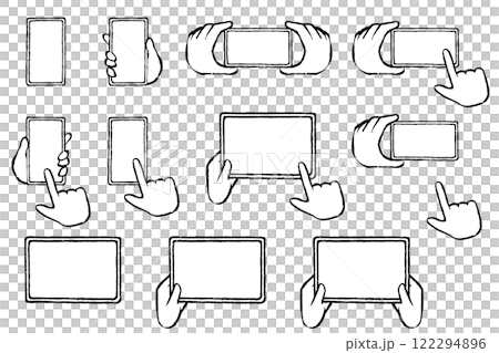 筆タッチのスマートフォンとタブレットと手のイラストセット 122294896
