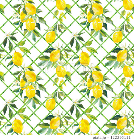 Beautiful vector seamless pattern with hand drawn bamboo lattice and lemons in vacation style. Ready print design. 122295111