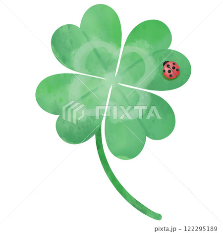 てんとう虫がとまった四つ葉のクローバーの手描き水彩イラスト てんとう虫がとまった四つ葉のクローバーの手描き水彩イラスト 122295189
