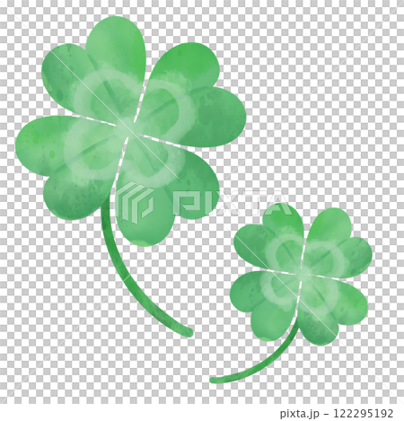 Two green four-leaf clovers, large and small, lined up, hand-drawn watercolor illustration 122295192