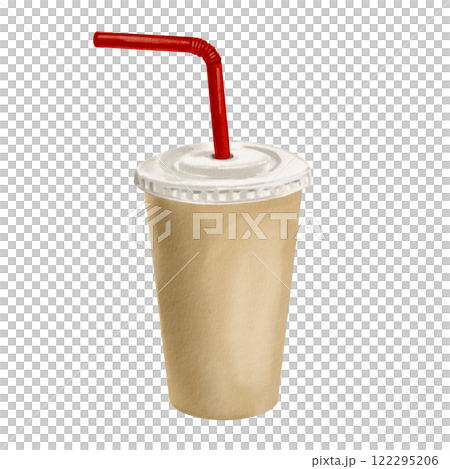 Disposable paper cup with a plastic lid and a long bent straw. fastwood glass. Disposable tableware. A universal neutral color. Watercolor illustration. Isolated from the background. 122295206