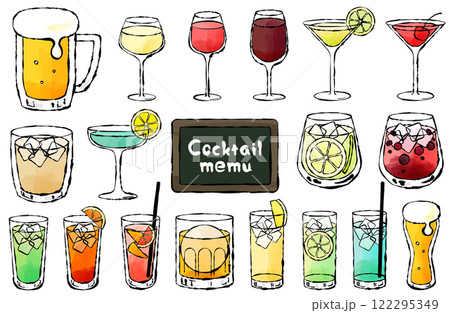 カクテル、ビール、ウイスキーのイラストセット 筆 手書き 手描き カクテル、ビール、ウイスキーのイラストセット 筆 手書き 手描き 122295349