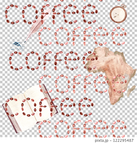 Word coffee written with the beans, map of Africa, an open book watercolor seamless vertical border isolated on white, hand drawn design. Great for containers, restaurant menu, wall decor, packaging 122295487