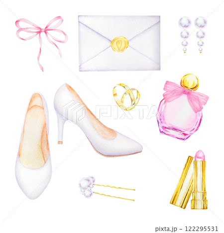 Watercolor illustration of bridal set. White high-heeled shoes, pink perfume bottle, gold wedding rings, pearl earrings, bow, envelope with golden heart seal and lipstick for wedding, Valentine s Day Watercolor illustration of bridal set. White high-heeled shoes, pink perfume bottle, gold wedding rings, pearl earrings, bow, envelope with golden heart seal and lipstick for wedding, Valentine s Day 122295531
