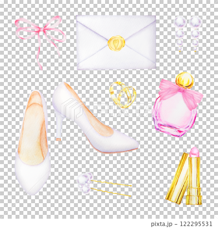 Watercolor illustration of bridal set. White high-heeled shoes, pink perfume bottle, gold wedding rings, pearl earrings, bow, envelope with golden heart seal and lipstick for wedding, Valentine s Day 122295531
