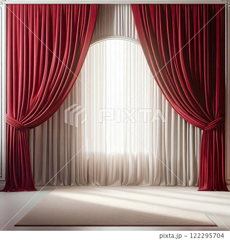 Red curtain in an empty room, photo, isolated on white background 122295704