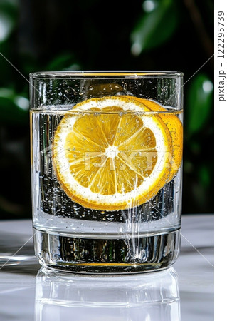 Refreshing lemon slices floating in sparkling water in a clear glass on a marble surface 122295739