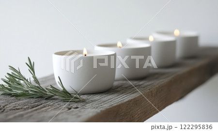 Four white candles on rustic wooden shelf with sprig of rosemary 122295836