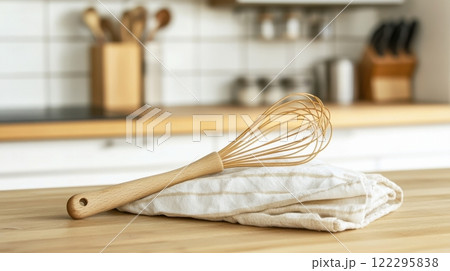 Wooden kitchen whisk resting on folded towel in modern kitchen setting 122295838