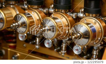 Detailed view of a brass valve assembly used in high-performance machinery with intricate design and craftsmanship 122295879