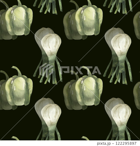 Sweet green pepper and onion shallot seamless watercolor pattern on black . Vegetarian fresh food background for product pacing, grocery shop wallpaper, decor, kitchen textile, fabric Sweet green pepper and onion shallot seamless watercolor pattern on black . Vegetarian fresh food background for product pacing, grocery shop wallpaper, decor, kitchen textile, fabric 122295897