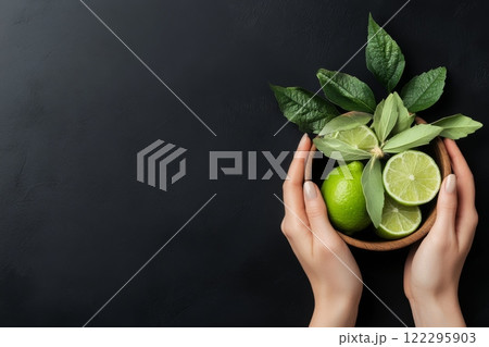 Fresh green limes and mint leaves arranged in a wooden bowl held by hands against a dark background 122295903