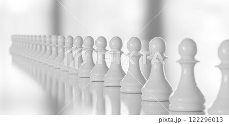 Row of White Chess Pawns on Reflective Surface Row of White Chess Pawns on Reflective Surface 122296013