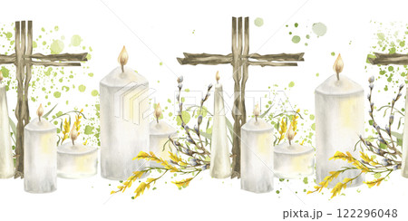 Easter festive border with wooden cross, white cozy candles and floral arrangement. Hand drawn seamless banner with religious symbols for wedding,concert invitation,poster design 122296048