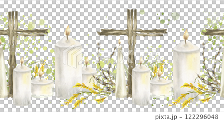 Easter festive border with wooden cross, white cozy candles and floral arrangement. Hand drawn seamless banner with religious symbols for wedding,concert invitation,poster design 122296048