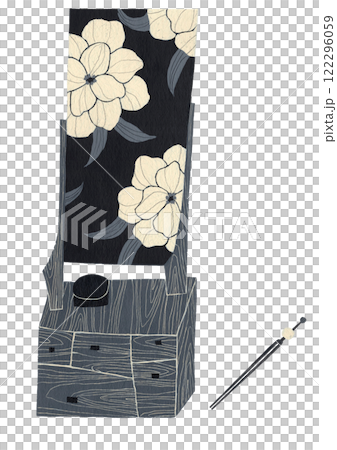 A monochrome illustration of a Japanese dressing table and hairpin, carved with watercolor paint. 122296059