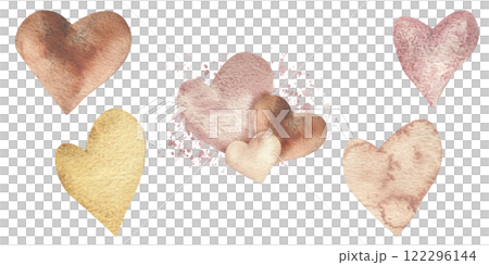 Pink Valentines hearts composition with splashes, isolated colorful hearts watercolor illustration. Hand drawn romantic elements set for lovers, family, mother's day design 122296144