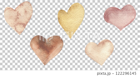 Valentines day hearts watercolor illustration. Hand drawn isolated elements of heart shapes in neutral mocha mousse colors set for romantic spring festive design 122296145