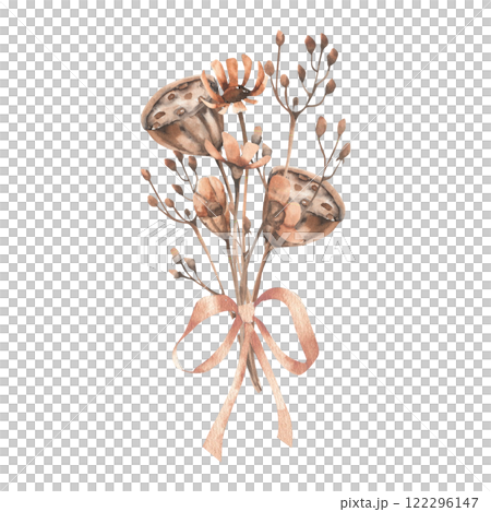 Bouquet with dry field flowers, lotus bud and grass with mocha mousse bow watercolor illustration. Hand drawn floral clipart for romantic card, wedding invitation, women day logo,packing design. 122296147